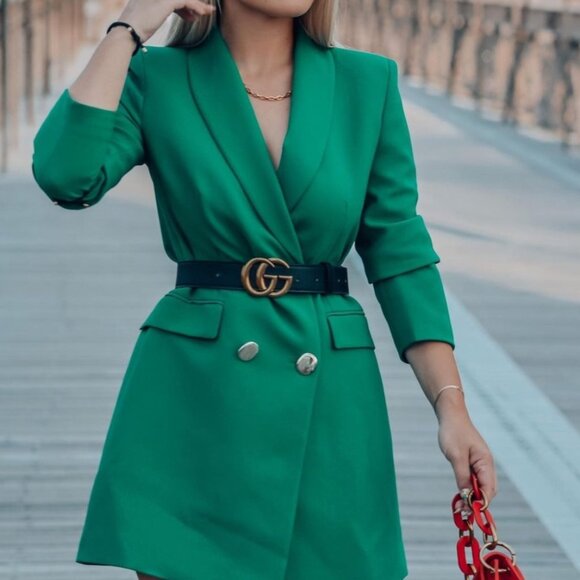 ZARA Long Green Blazer Double Breasted with Gold Buttons M - Picture 3 of 4